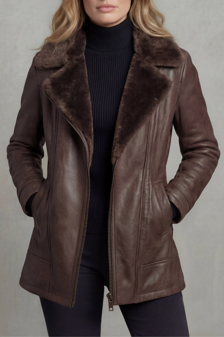 Coralie — Classic Faux Leather Jacket for Women with Shearling Collar, Fashions Galleries