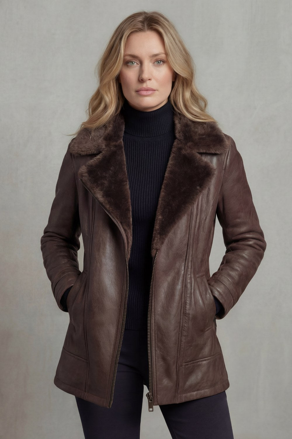 Coralie — Classic Faux Leather Jacket for Women with Shearling Collar, Fashions Galleries