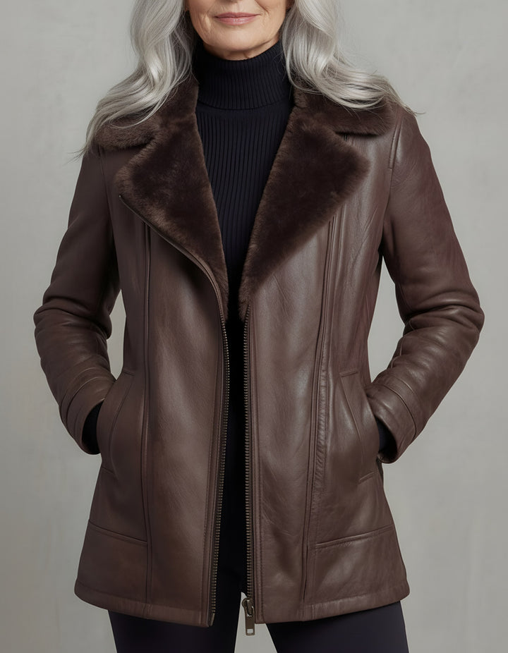 Coralie — Classic Faux Leather Jacket for Women with Shearling Collar, Fashions Galleries
