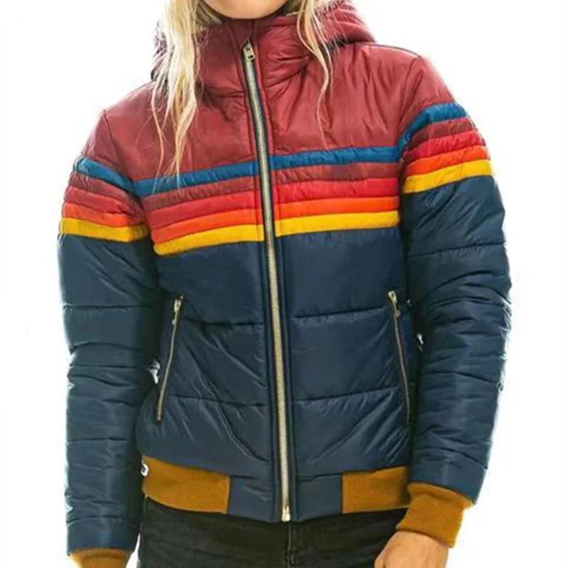Marianne — Retro Striped Puffer Jacket for Women with Hood, Fashions Galleries