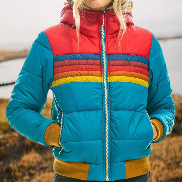 Marianne — Retro Striped Puffer Jacket for Women with Hood, Fashions Galleries