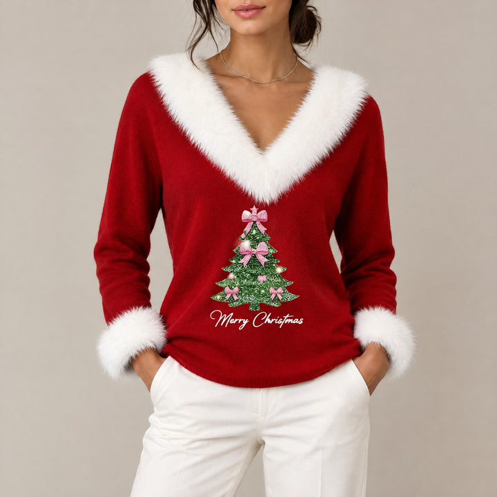 Bella — Women's Christmas Sweater with Faux Fur Trim and Glitter Tree, Fashions Galleries