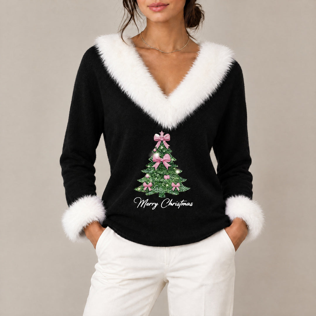 Bella — Women's Christmas Sweater with Faux Fur Trim and Glitter Tree (4), Fashions Galleries