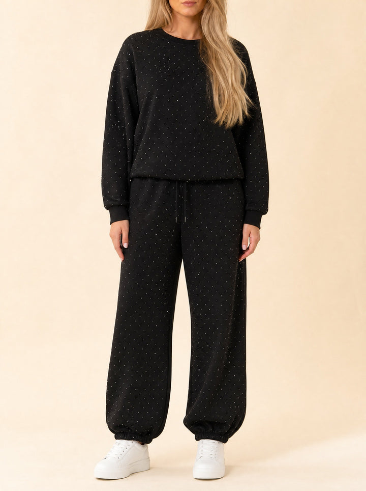 Brooke — Women's Rhinestone Lounge Set with Crew Neck and Wide Legs, Fashions Galleries
