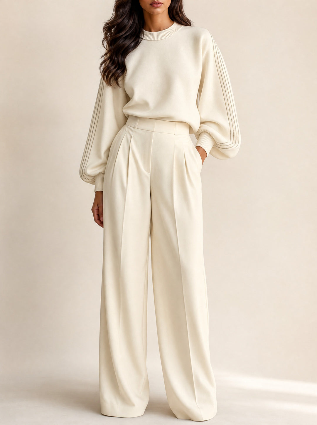 Claire — Women's Knit Matching Set with Balloon Sleeves and Wide Legs, Fashions Galleries