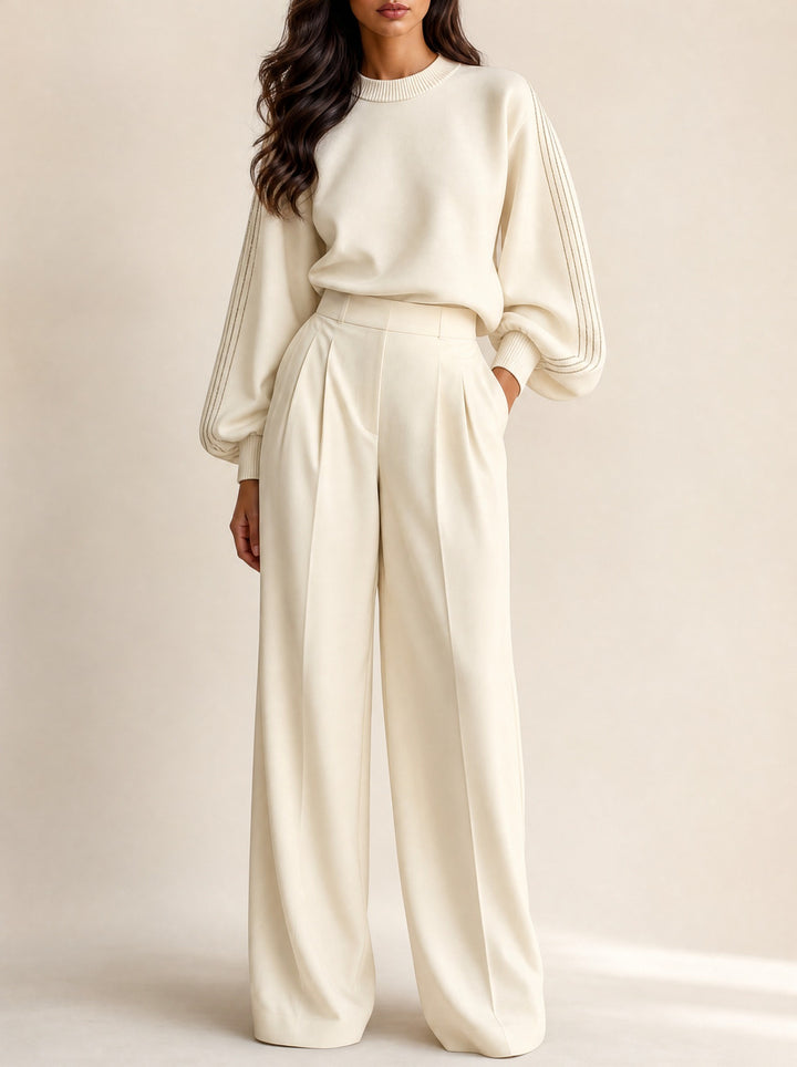 Claire — Women's Knit Matching Set with Balloon Sleeves and Wide Legs, Fashions Galleries
