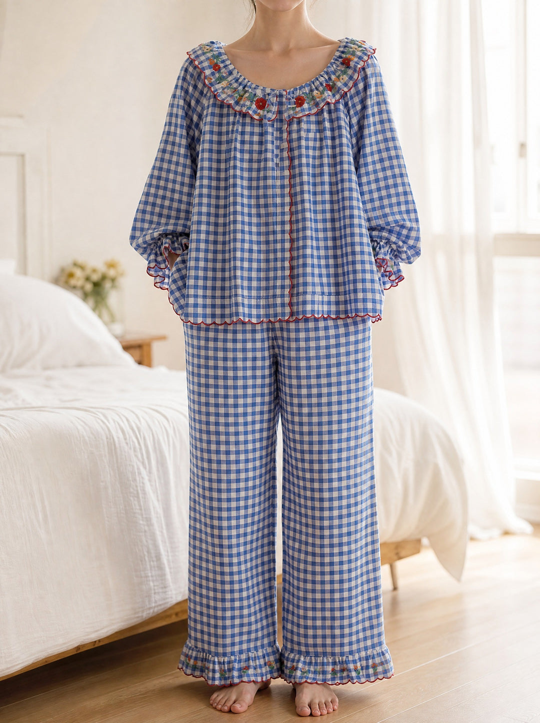 Daisy — Women's Pajamas Set in Gingham with Embroidered Collar, Fashions Galleries