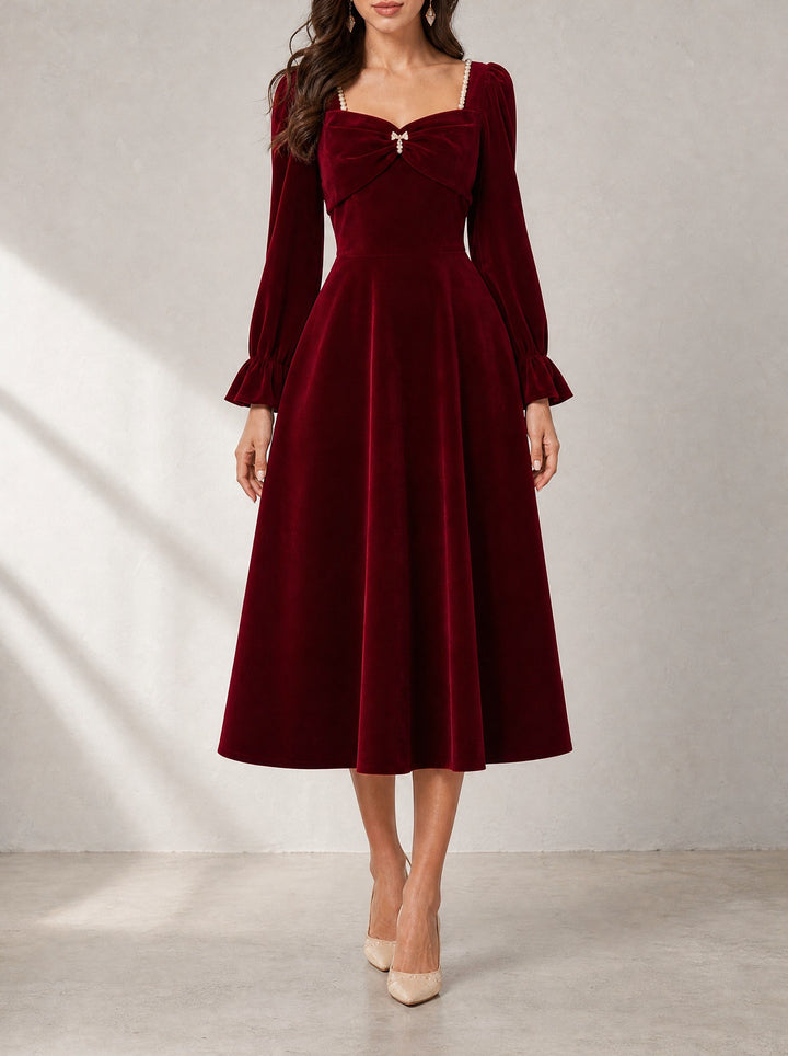 Eleanor — Women's Long Sleeve Velvet Dress with Pearl Trim, Fashions Galleries