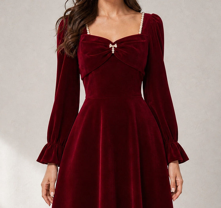 Eleanor — Women's Long Sleeve Velvet Dress with Pearl Trim (2), Fashions Galleries