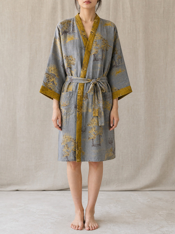 Emma — Women's Kimono Robe with Tree Print and Contrast Trim, Fashions Galleries
