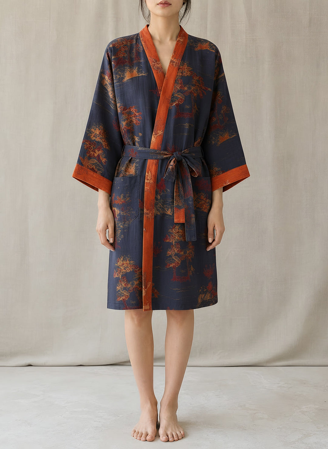 Emma — Women's Kimono Robe with Tree Print and Contrast Trim (2), Fashions Galleries