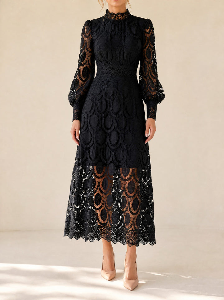 Grace — Women's Lace Cocktail Dress with High Neck and Puff Sleeves, Fashions Galleries