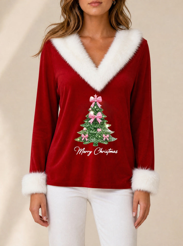 Holly — Women's Christmas Sweater with Faux Fur V Neck, Fashions Galleries