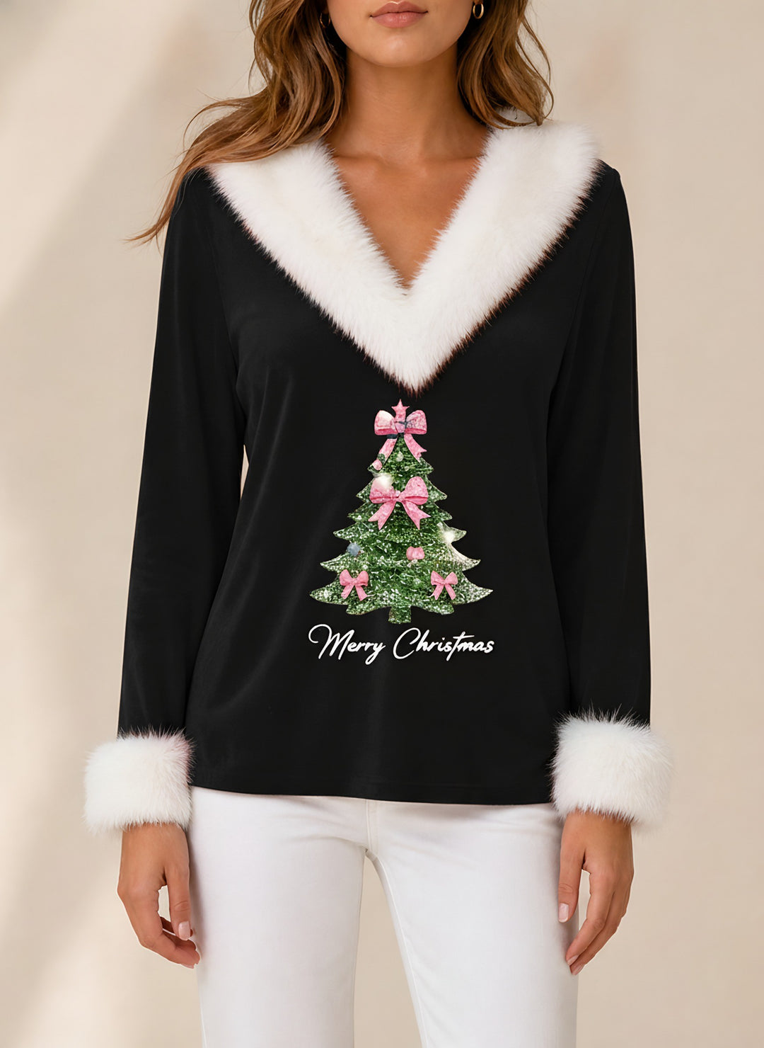 Holly — Women's Christmas Sweater with Faux Fur V Neck (2), Fashions Galleries