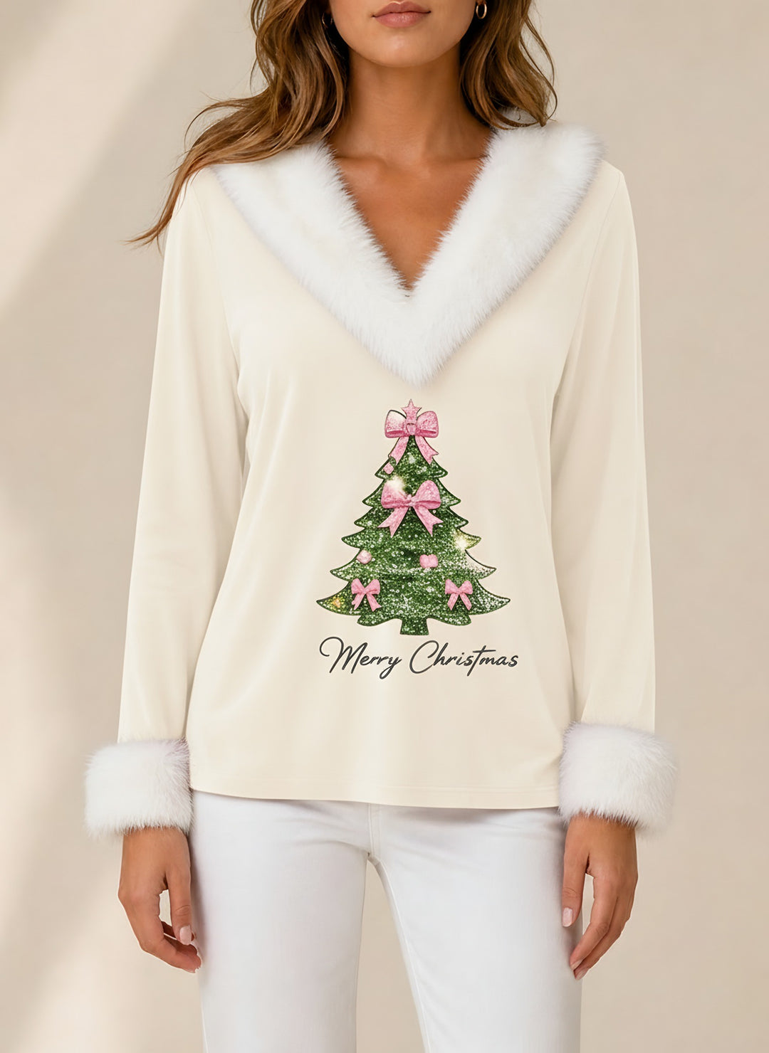 Holly — Women's Christmas Sweater with Faux Fur V Neck (3), Fashions Galleries