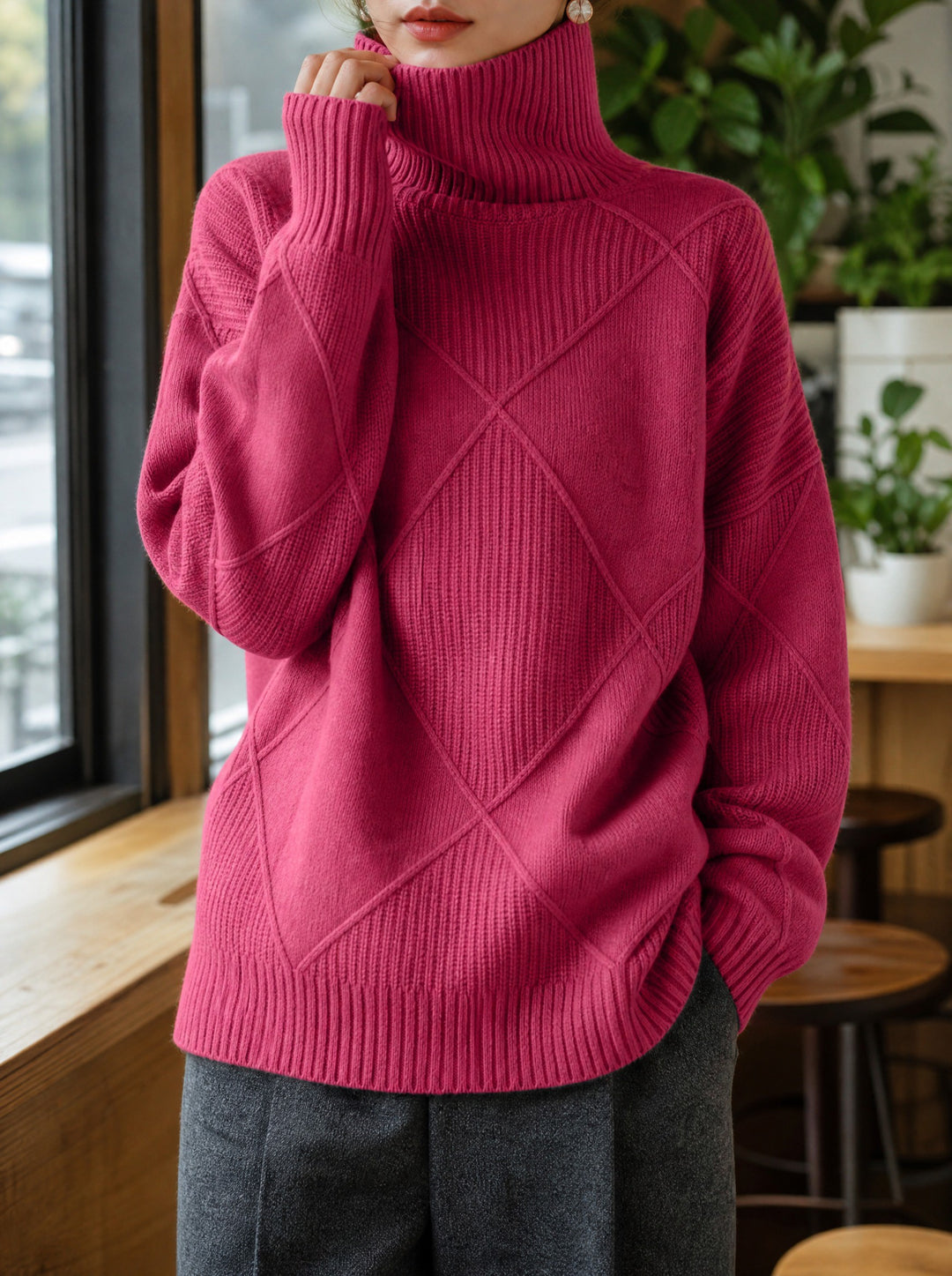 Kayla — Women's Turtleneck Sweater with Diamond Knit Pattern, Fashions Galleries