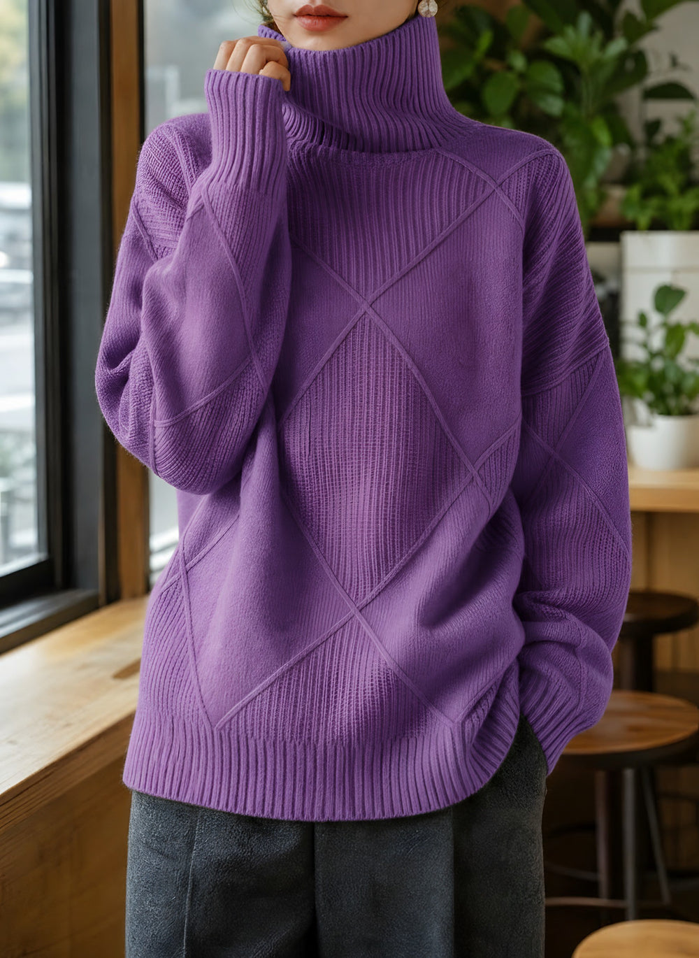 Kayla — Women's Turtleneck Sweater with Diamond Knit Pattern (2), Fashions Galleries