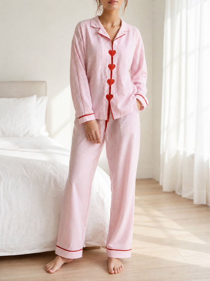 Lucy — Women's Pajamas Set with Heart Buttons and Piping, Fashions Galleries