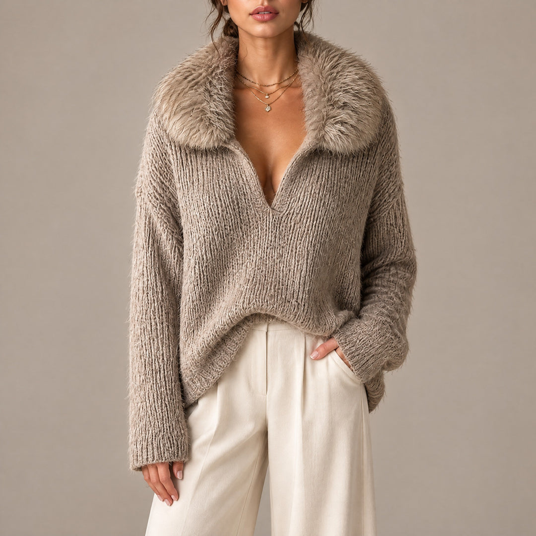 Naomi — Women's Knit Sweater with Faux Fur Collar and Deep V Neck, Fashions Galleries