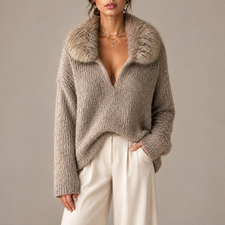 Naomi — Women's Knit Sweater with Faux Fur Collar and Deep V Neck, Fashions Galleries
