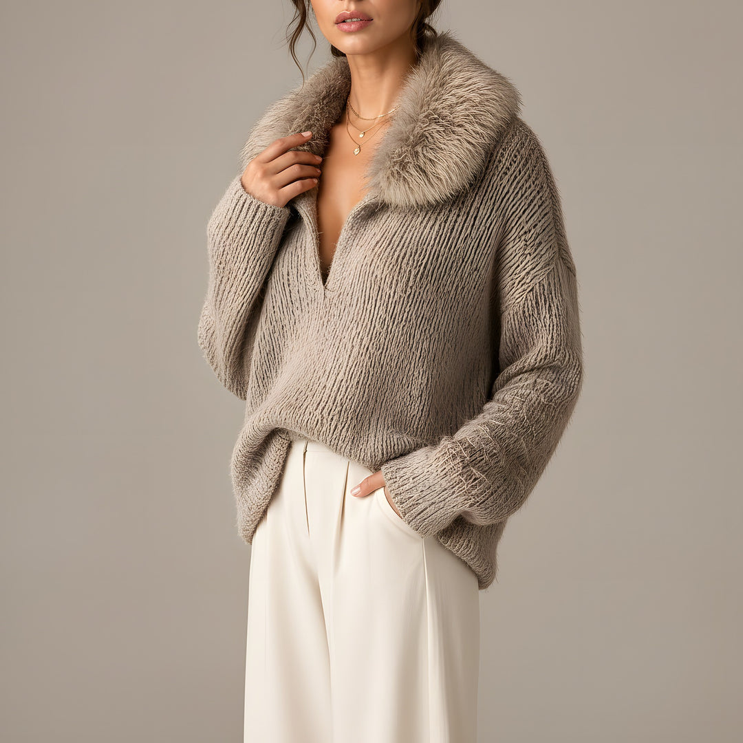 Naomi — Women's Knit Sweater with Faux Fur Collar and Deep V Neck (2), Fashions Galleries