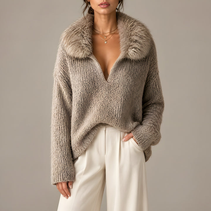 Naomi — Women's Knit Sweater with Faux Fur Collar and Deep V Neck (3), Fashions Galleries