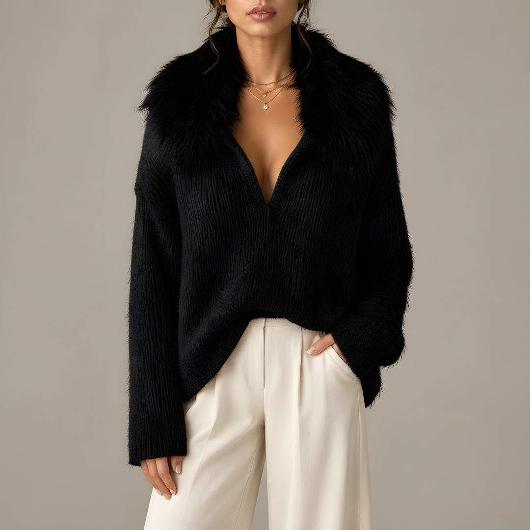 Naomi — Women's Knit Sweater with Faux Fur Collar and Deep V Neck (4), Fashions Galleries