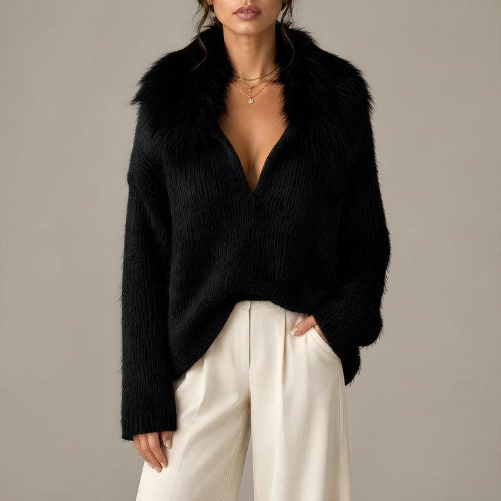 Naomi — Women's Knit Sweater with Faux Fur Collar and Deep V Neck (4), Fashions Galleries