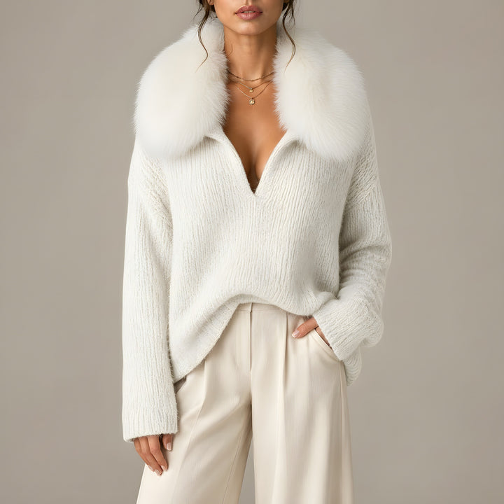 Naomi — Women's Knit Sweater with Faux Fur Collar and Deep V Neck (5), Fashions Galleries