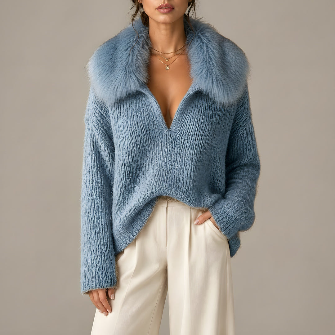 Naomi — Women's Knit Sweater with Faux Fur Collar and Deep V Neck (6), Fashions Galleries