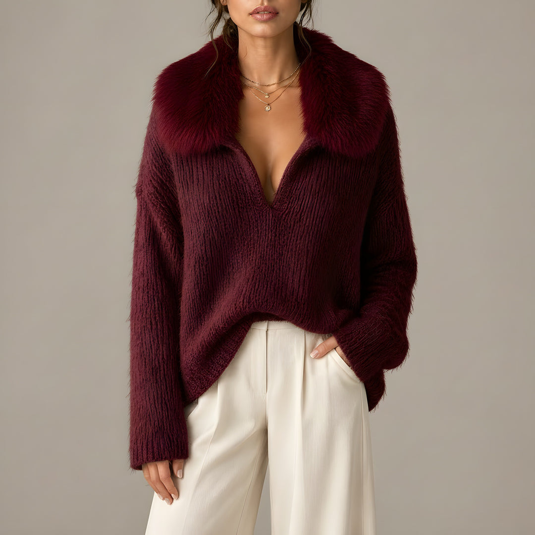 Naomi — Women's Knit Sweater with Faux Fur Collar and Deep V Neck (7), Fashions Galleries