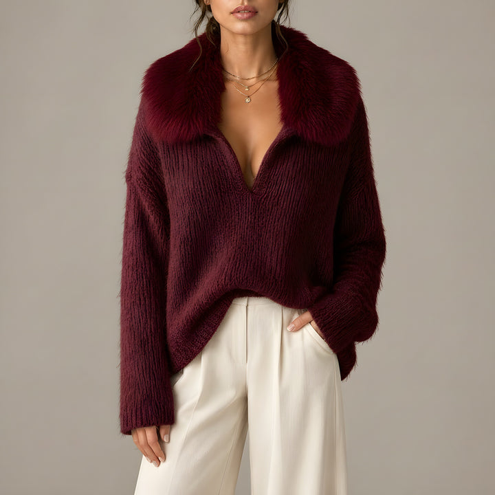 Naomi — Women's Knit Sweater with Faux Fur Collar and Deep V Neck (7), Fashions Galleries