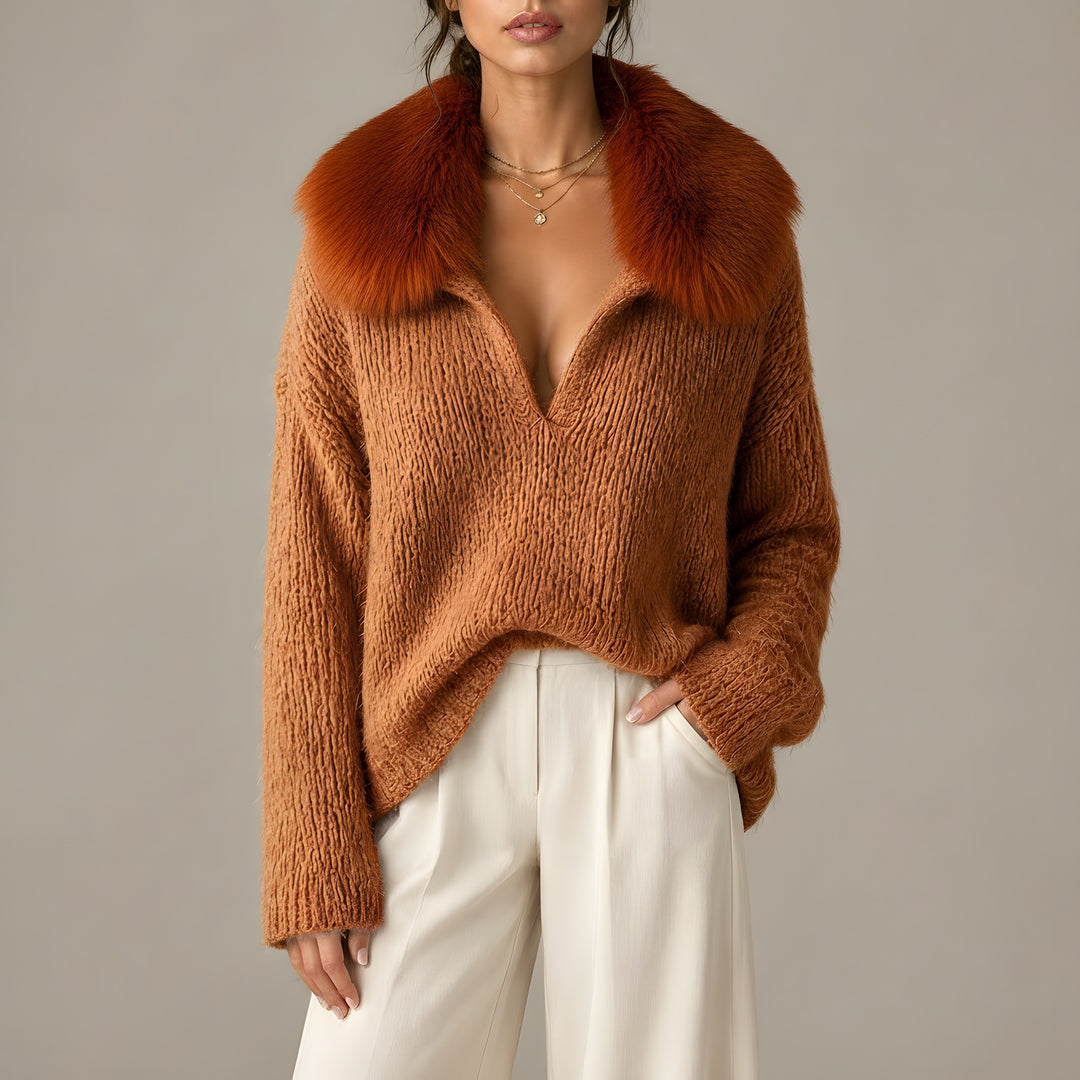 Naomi — Women's Knit Sweater with Faux Fur Collar and Deep V Neck (8), Fashions Galleries