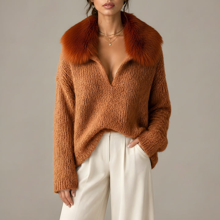 Naomi — Women's Knit Sweater with Faux Fur Collar and Deep V Neck (8), Fashions Galleries