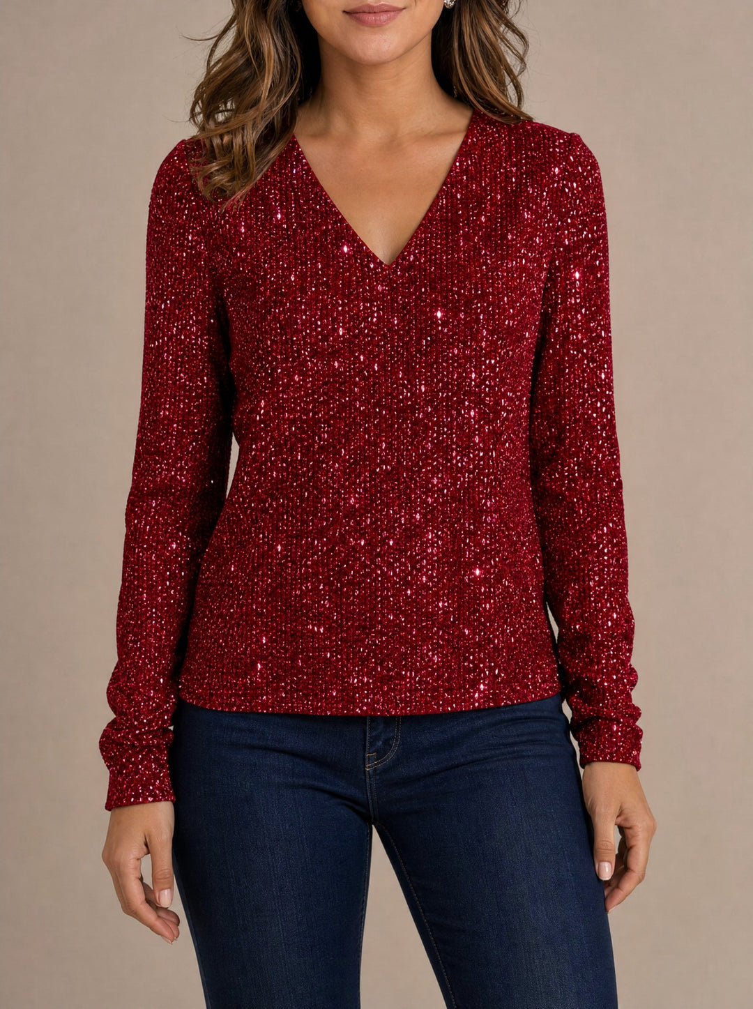 Paige — Women's Glitter Sequin Top with V Neck and Long Sleeves, Fashions Galleries