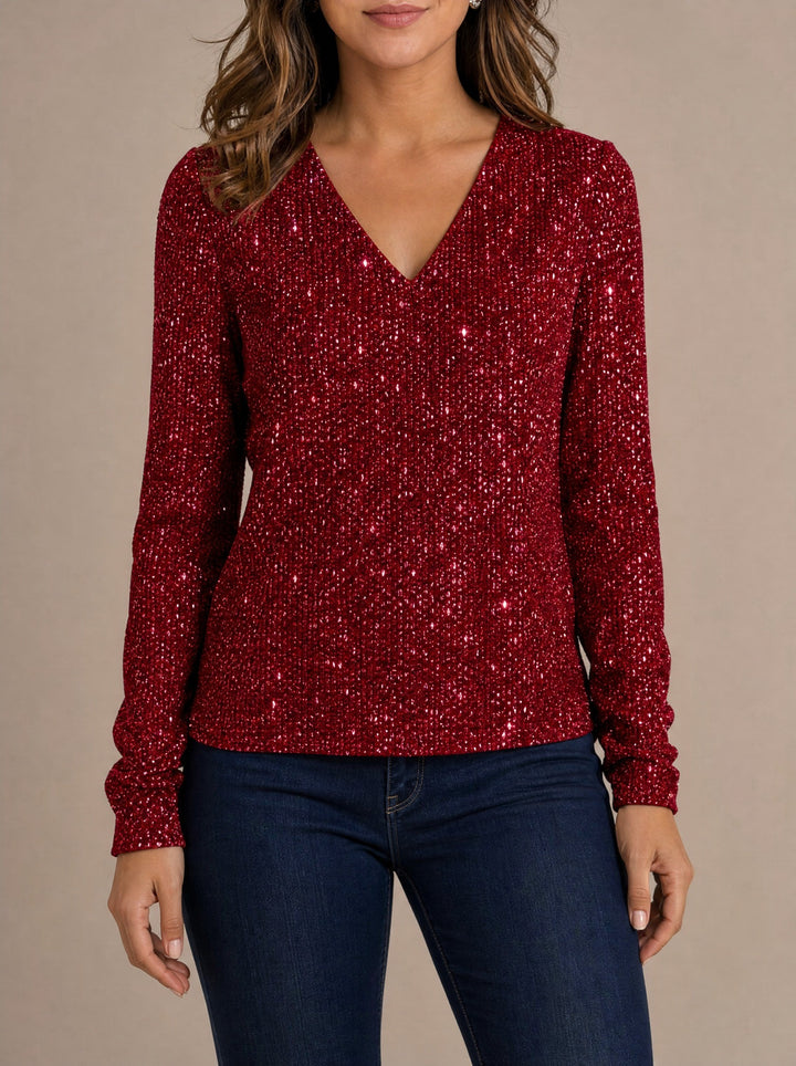 Paige — Women's Glitter Sequin Top with V Neck and Long Sleeves, Fashions Galleries