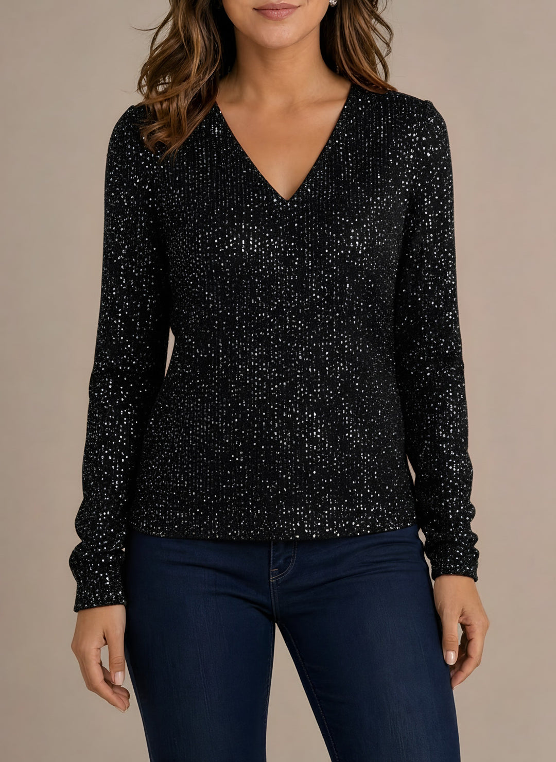 Paige — Women's Glitter Sequin Top with V Neck and Long Sleeves (2), Fashions Galleries