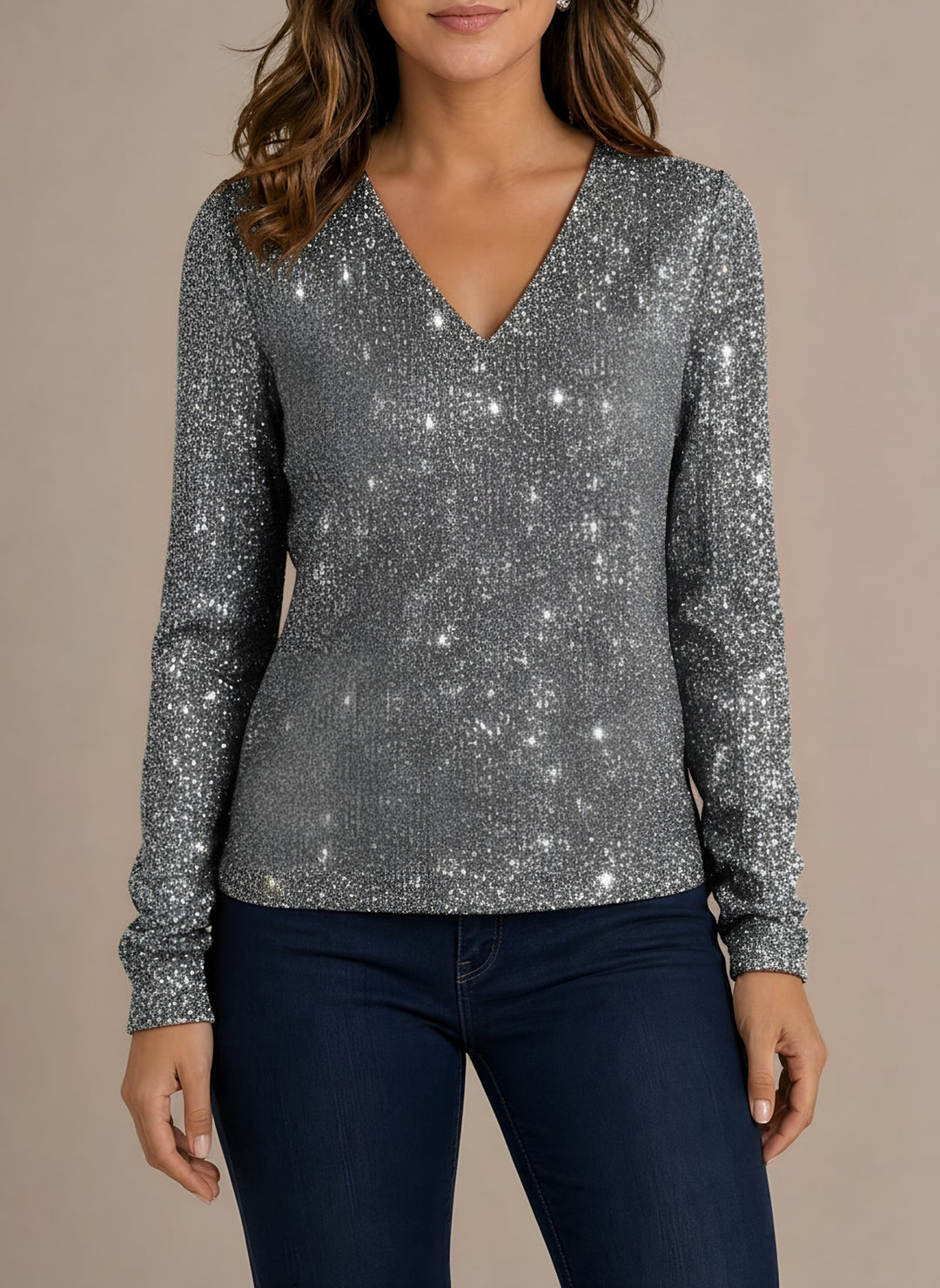 Paige — Women's Glitter Sequin Top with V Neck and Long Sleeves (3), Fashions Galleries