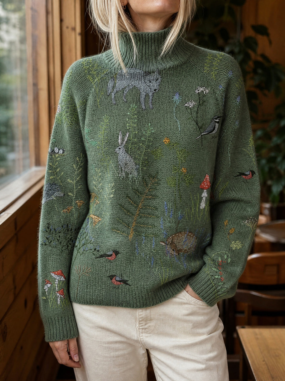 Reese — Women's Turtleneck Sweater with Embroidered Woodland Motif, Fashions Galleries