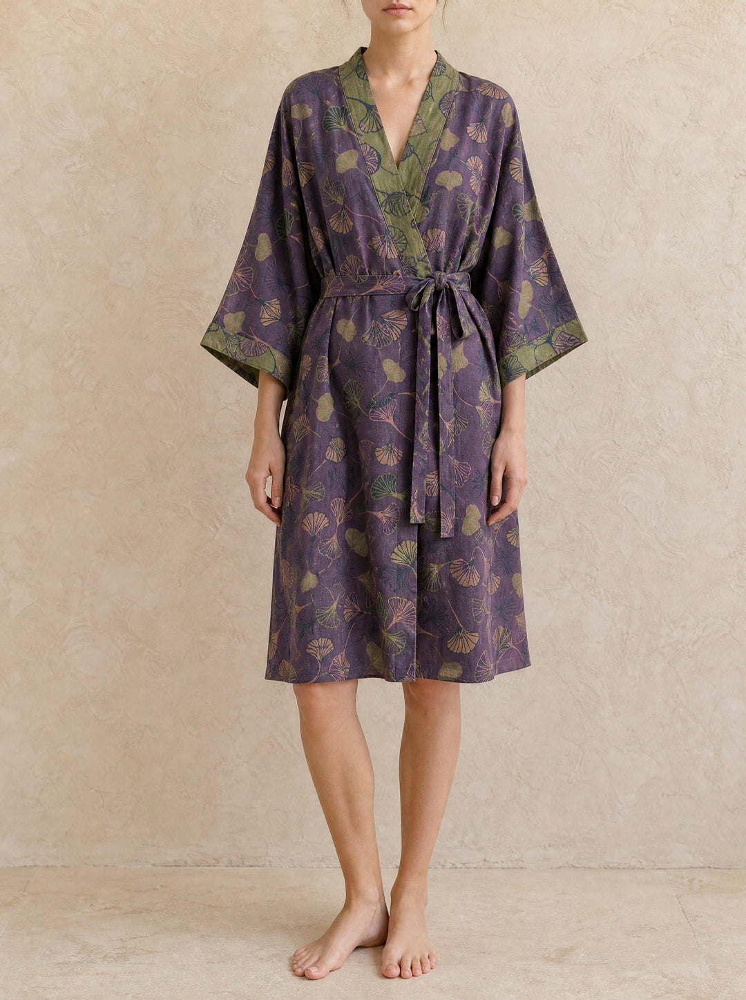Sophie — Women's Kimono Robe with Ginkgo Leaf Print and Tie Belt, Fashions Galleries