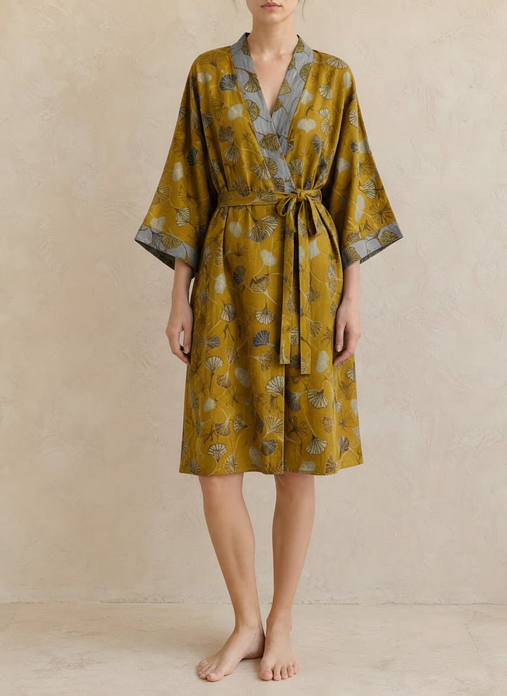 Sophie — Women's Kimono Robe with Ginkgo Leaf Print and Tie Belt (2), Fashions Galleries