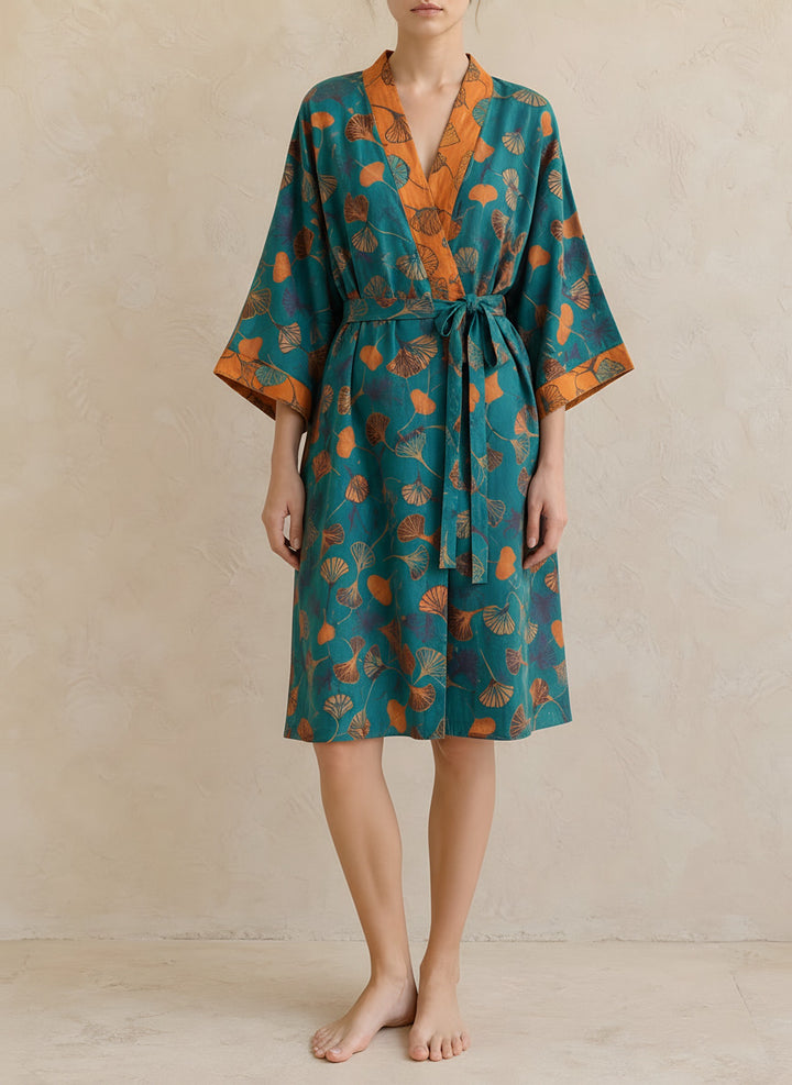 Sophie — Women's Kimono Robe with Ginkgo Leaf Print and Tie Belt (3), Fashions Galleries