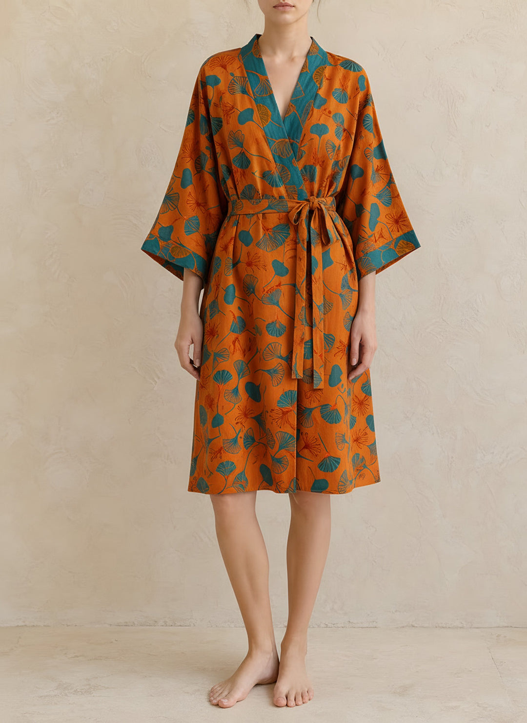Sophie — Women's Kimono Robe with Ginkgo Leaf Print and Tie Belt (4), Fashions Galleries