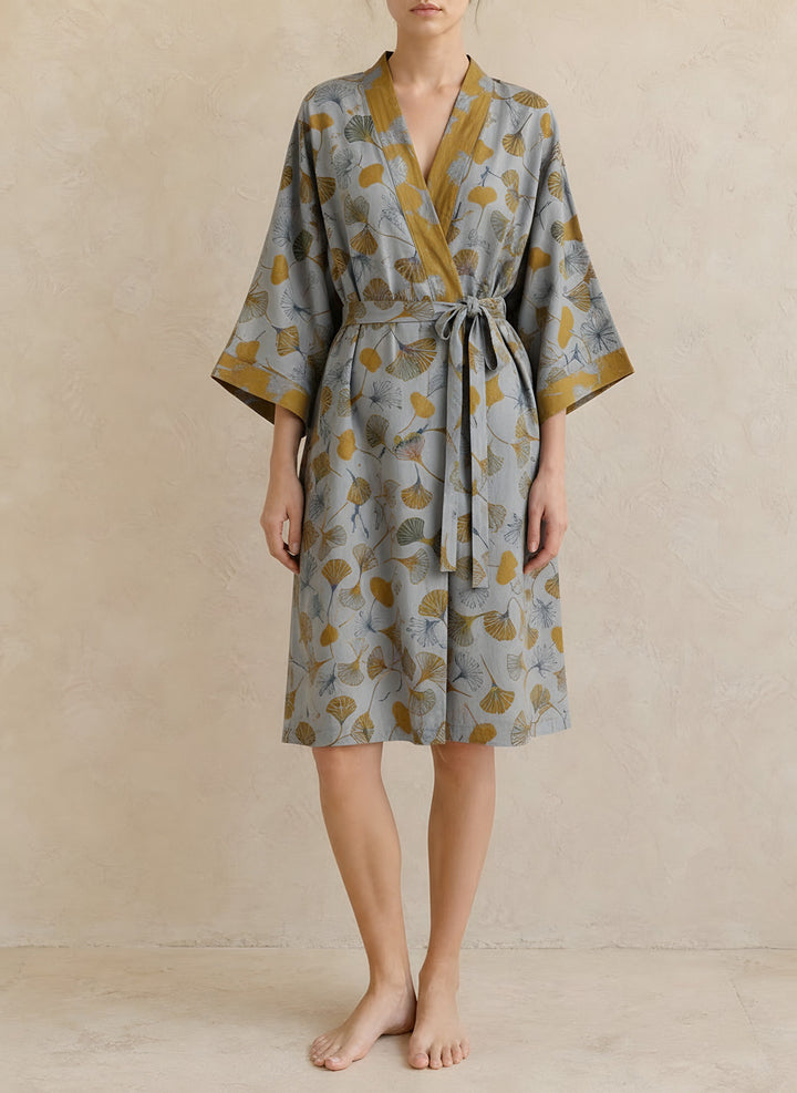 Sophie — Women's Kimono Robe with Ginkgo Leaf Print and Tie Belt (5), Fashions Galleries