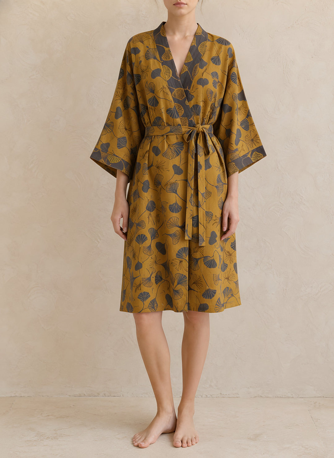 Sophie — Women's Kimono Robe with Ginkgo Leaf Print and Tie Belt (6), Fashions Galleries