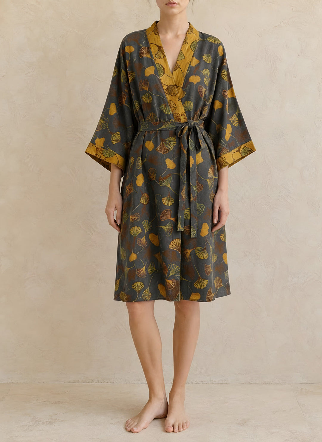 Sophie — Women's Kimono Robe with Ginkgo Leaf Print and Tie Belt (7), Fashions Galleries