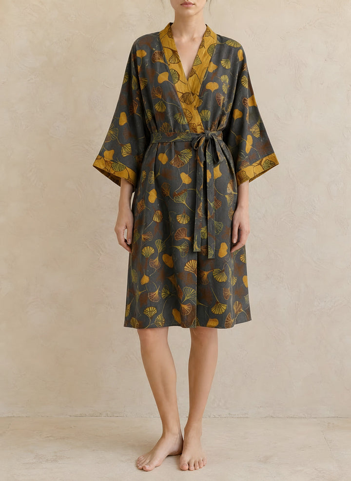 Sophie — Women's Kimono Robe with Ginkgo Leaf Print and Tie Belt (7), Fashions Galleries