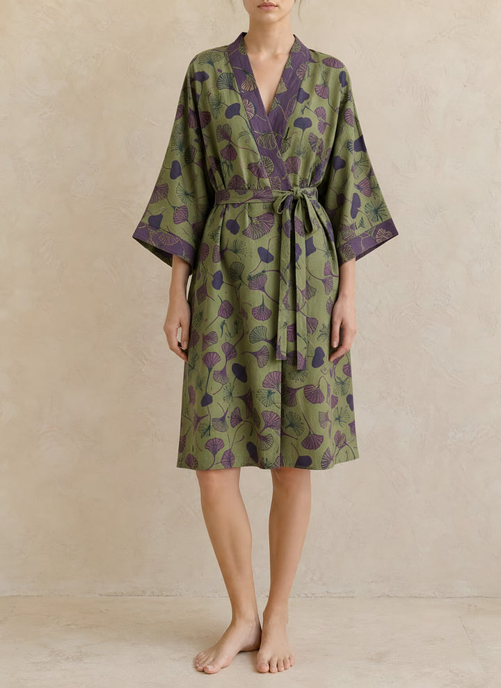 Sophie — Women's Kimono Robe with Ginkgo Leaf Print and Tie Belt (8), Fashions Galleries