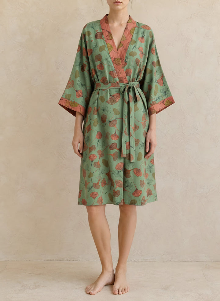 Sophie — Women's Kimono Robe with Ginkgo Leaf Print and Tie Belt (9), Fashions Galleries