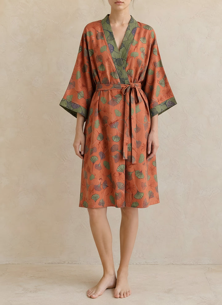 Sophie — Women's Kimono Robe with Ginkgo Leaf Print and Tie Belt (10), Fashions Galleries